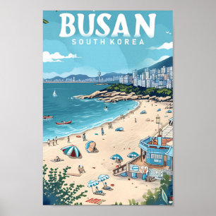 Busan South Korea Vintage Art Travel Illustration Poster