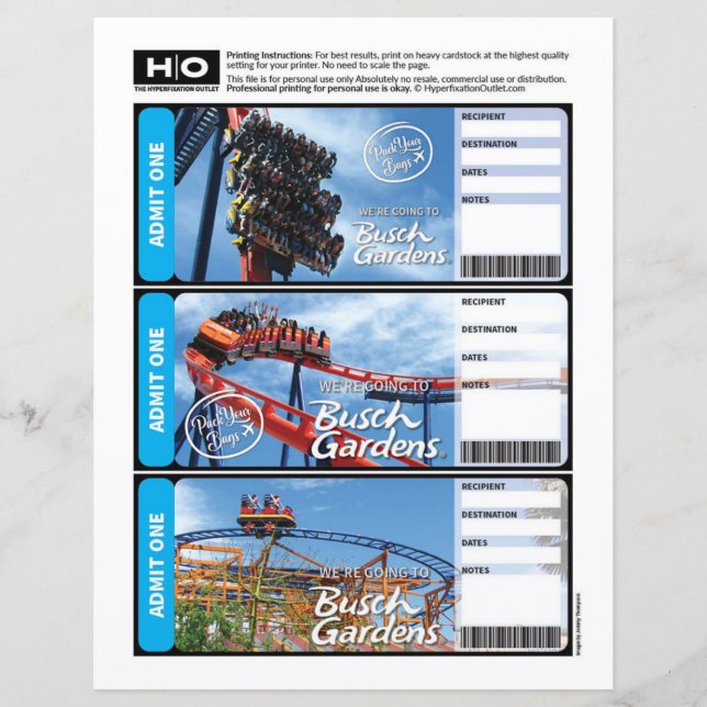 Busch Gardens Mock Ticket for Travel and Events (Front)