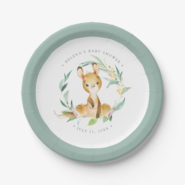 Bush Baby Kangaroo Baby Shower Paper Plate (Front)