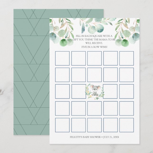 Bush Baby Koala Baby Shower Bingo Game Card (Front/Back)