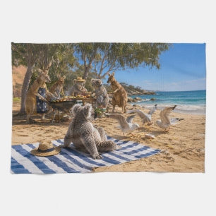 Bush BBQ with Kangaroos and Koalas Tea Towel