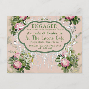 Bush Garden Green - Soft Pink Roses Engagement Invitation Postcard