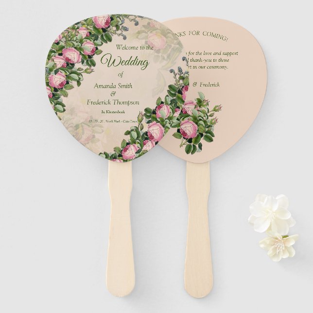 Bush Garden Green - soft pink roses Hand Fan (Front and Back)