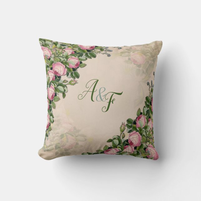 Bush Garden Green - soft pink roses Wedding Gift Cushion (Front)