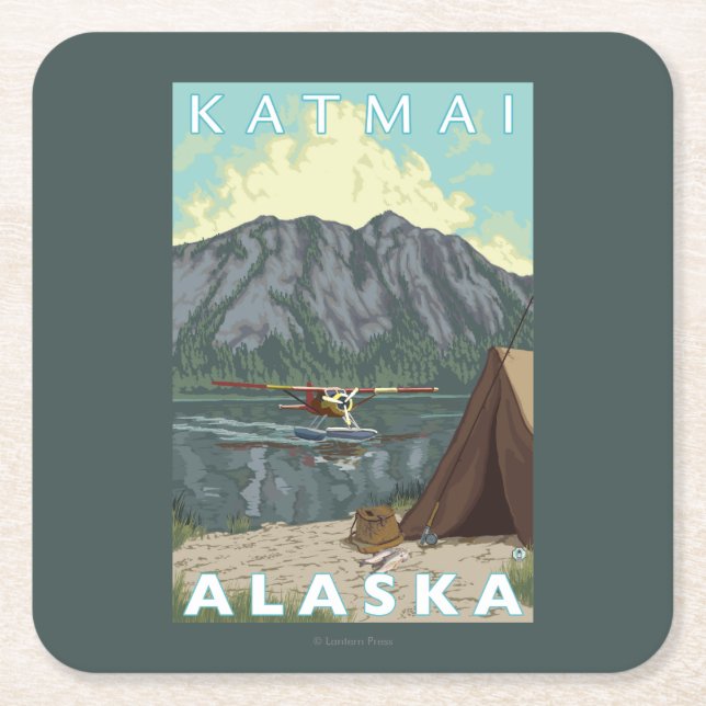 Bush Plane & Fishing - Katmai, Alaska Square Paper Coaster (Front)