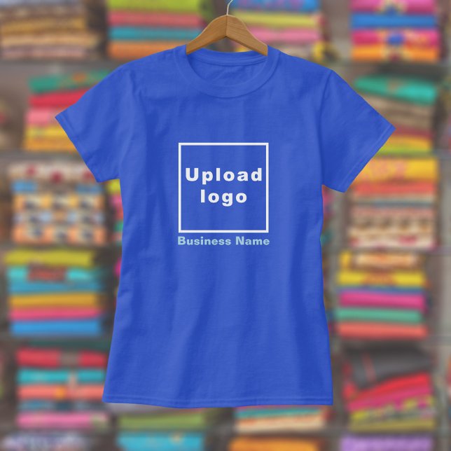 Busines Name and Logo on Women's Royal Blue T-Shirt (Women's royal blue t-shirt with your business name and logo displayed in a store)