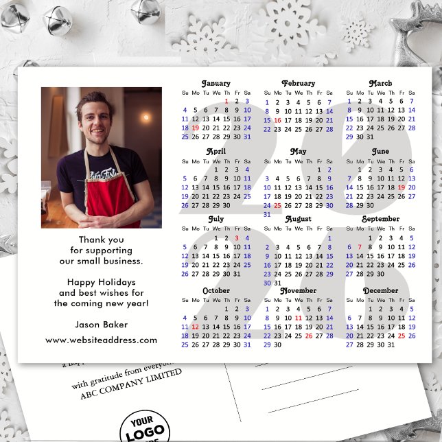 Business 2026 Calendar Minimalist Silver Glitter Holiday Postcard (Creator Uploaded)