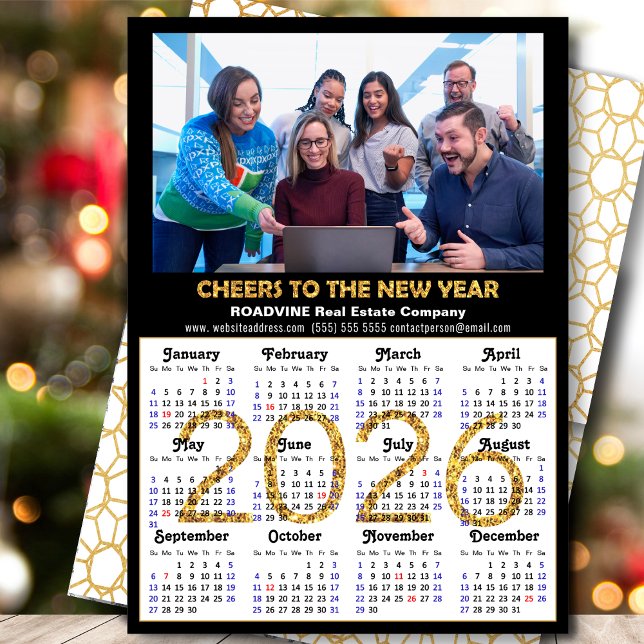Business 2026 Calendar Modern Black Gold Glitter Holiday Card (Creator Uploaded)