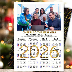 Business 2026 Calendar Modern Black Gold Glitter Holiday Card