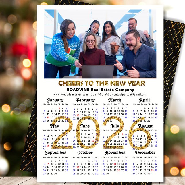 Business 2026 Calendar Modern Black Gold Glitter Holiday Card (Creator Uploaded)