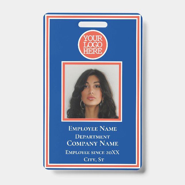 Business Add Logo Modern Orange Blue Company ID Badge (Front)