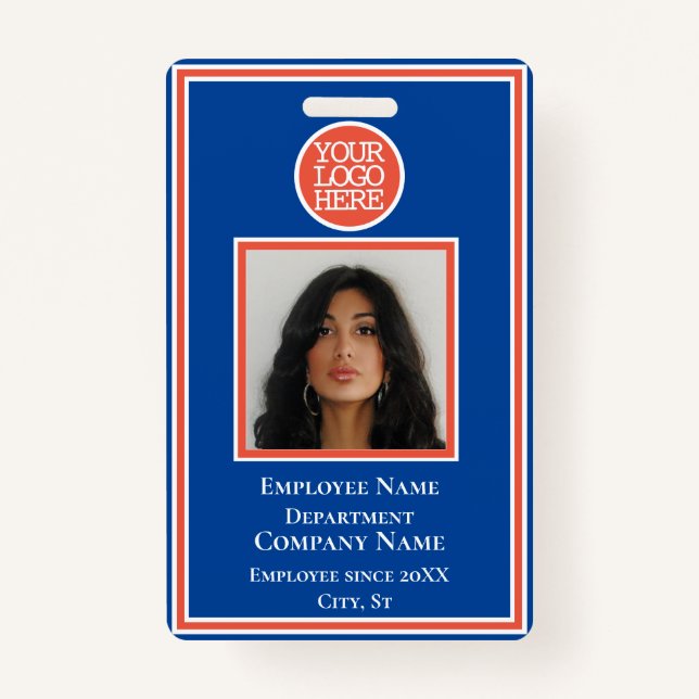 Business Add Logo Modern Orange Blue Company ID Badge (Front)