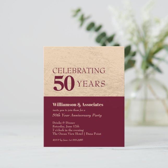 Business Anniversary Burgundy and Gold Invitations (Standing Front)