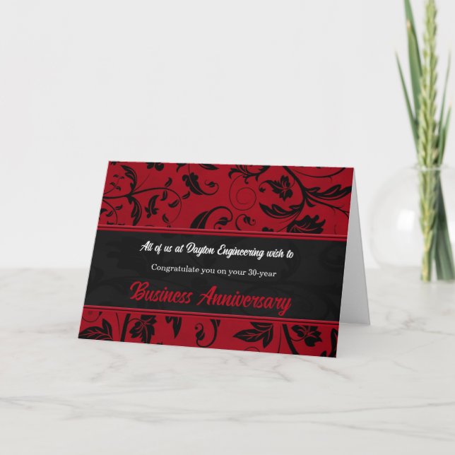 Business Anniversary Custom Front Red Damask Card (Front)