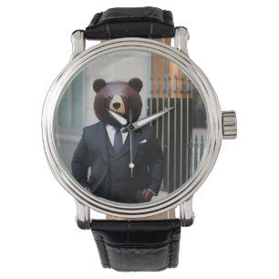 Business bear wearing a suit watch