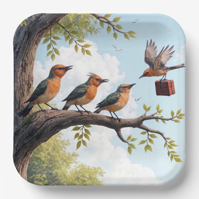 Business Birds On a Tree Branch Paper Plate (Front)