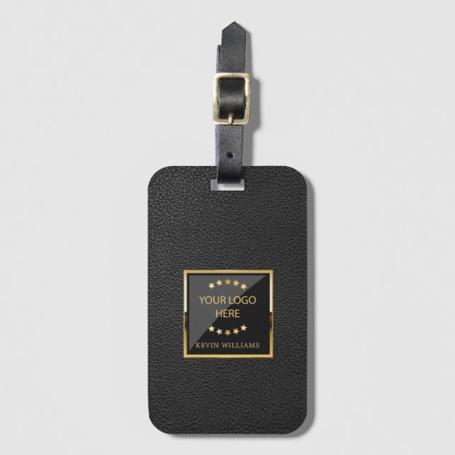 Business Black Faux Leather Logo  Personalised Luggage Tag (Front Vertical)