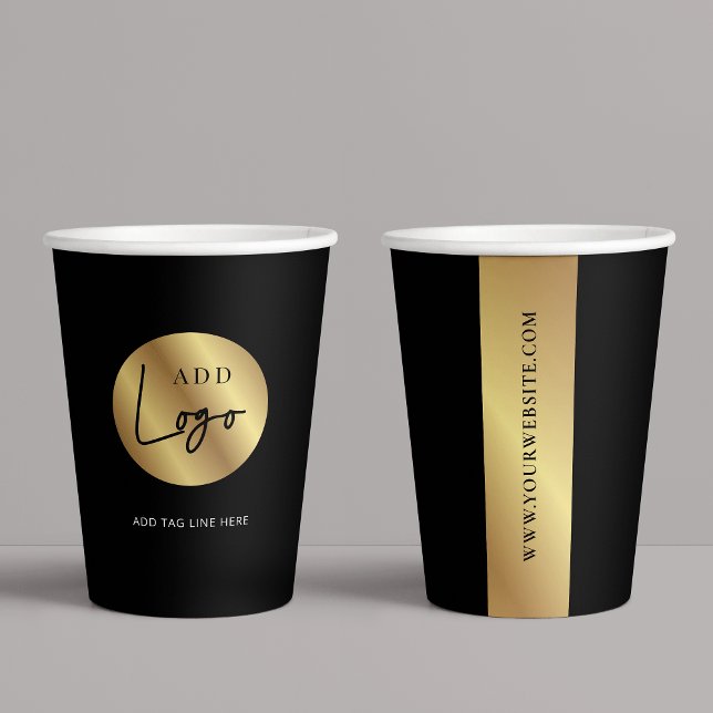 Business Black & Gold Logo Branded Company Event Paper Cups (Elegant black and gold logo branded coffee paper cups with space for your custom text)