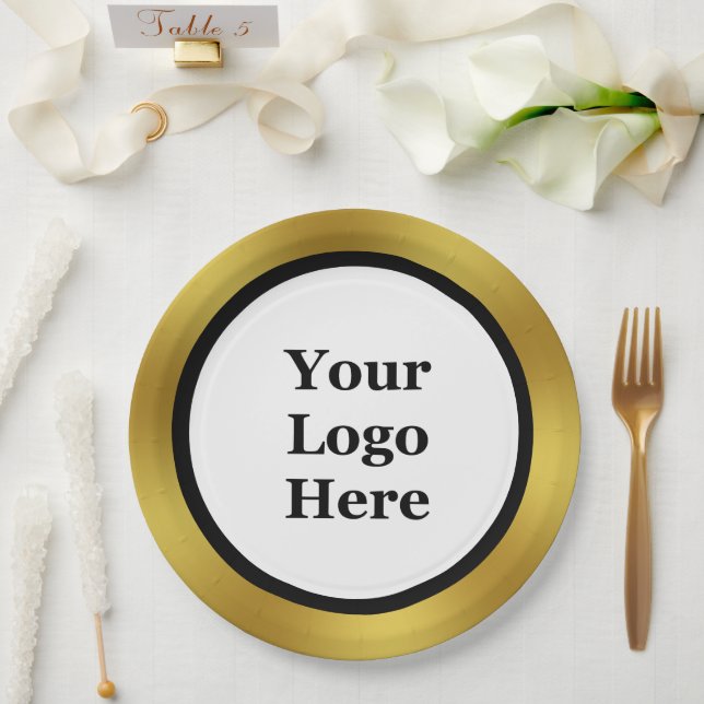 Business Black White and Gold Your Logo Template Paper Plate (Wedding)