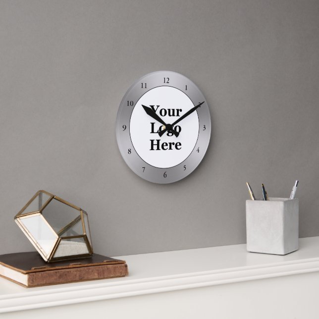 Business Black White Brushed Metal Look Your Logo Round Clock (Office)
