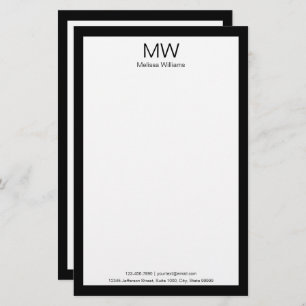 Business Black White Monogram Name Contact Info. Stationery