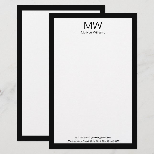 Business Black White Monogram Name Contact Info. Stationery (Front/Back)