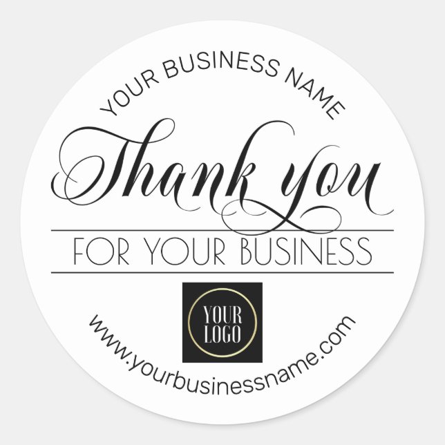 Business Black White Thank You | add LOGO Classic Round Sticker (Front)