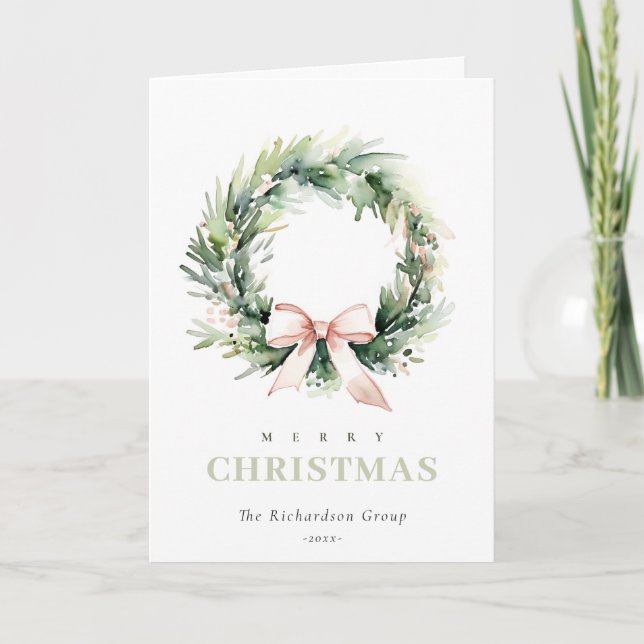 Business Blush Christmas Wreath Corporate Logo  Holiday Card (Front)