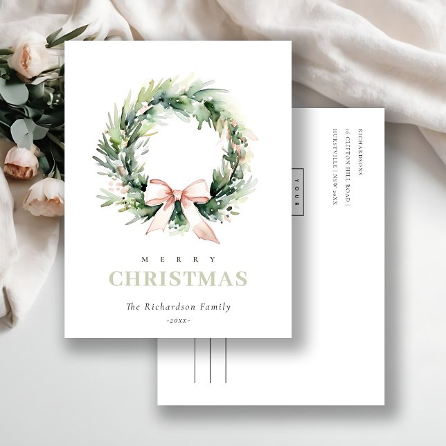Business Blush Christmas Wreath Corporate Logo  Holiday Postcard (Creator Uploaded)