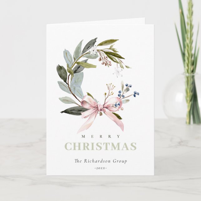 Business Blush Green Winter Wreath Corporate Logo  Holiday Card (Front)