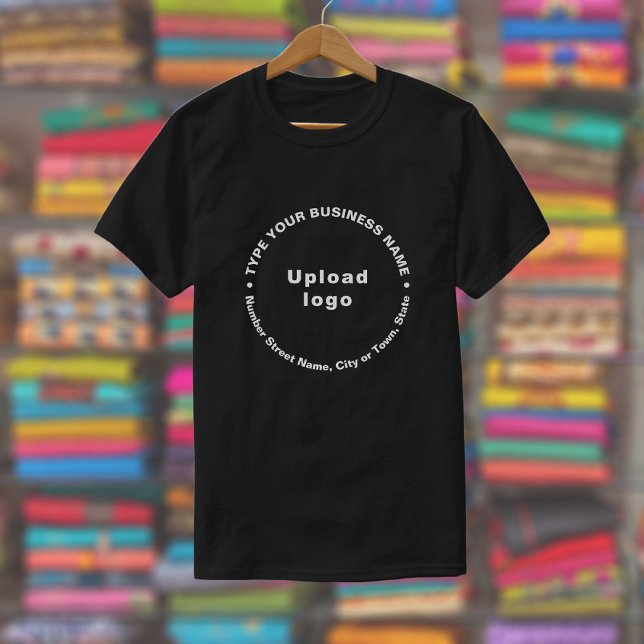 Business Brand in Round Pattern Text on Black T-Shirt (Black t-shirt with round pattern text business branding displayed in a store)