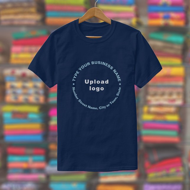 Business Brand in Round Pattern Text on Navy Blue T-Shirt (Navy blue t-shirt with round pattern text business branding displayed in a store)