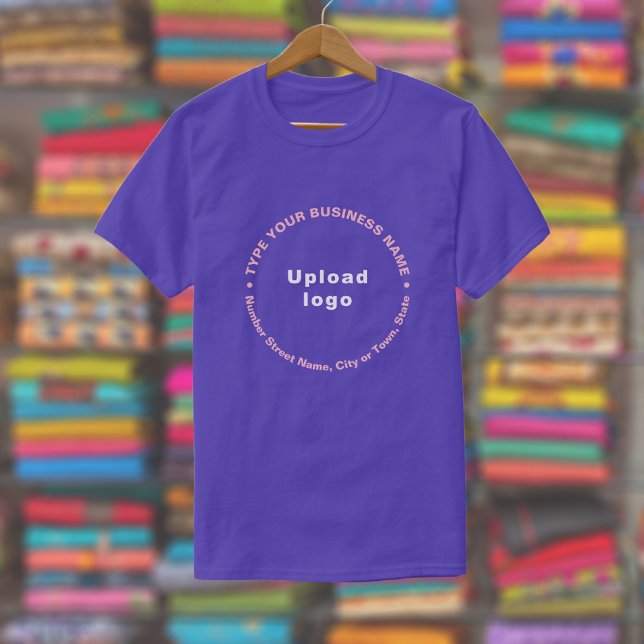 Business Brand in Round Pattern Text on Purple T-Shirt (Purple t-shirt with round pattern text business branding displayed in a store)