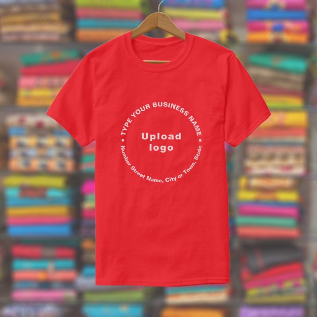 Business Brand in Round Pattern Text on Red T-Shirt (Red t-shirt with round pattern text business branding displayed in a store)