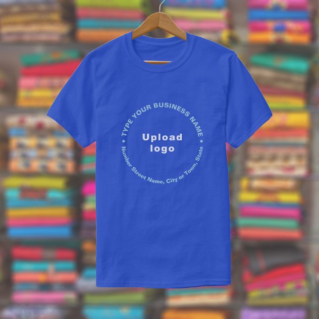 Business Brand in Round Pattern Text on Royal Blue T-Shirt (Royal blue t-shirt with round pattern text business branding displayed in a store)