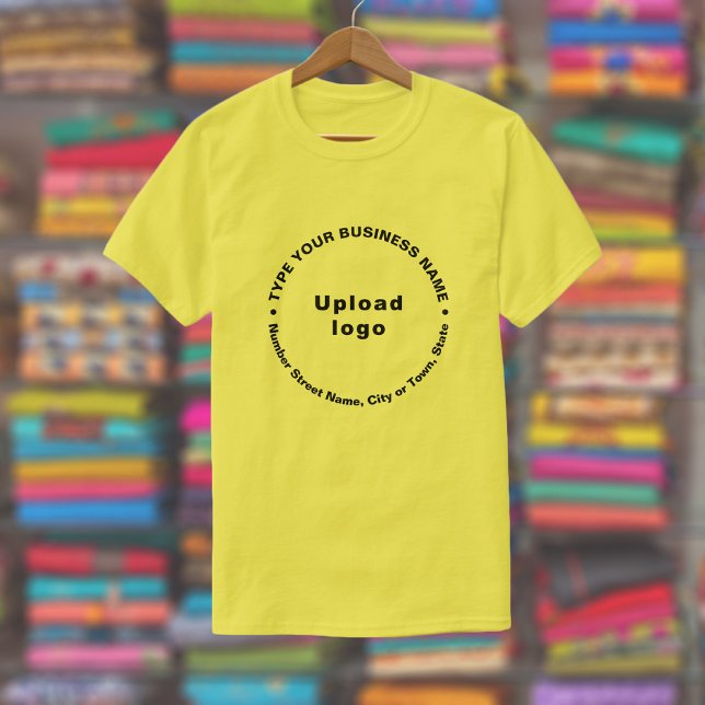 Business Brand in Round Pattern Text on Yellow T-Shirt (Yellow t-shirt with round pattern text business branding displayed in a store)