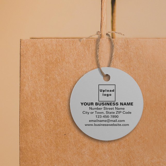 Business Brand on Grey Circle Tag (Gray color round shape tag with your business brand attached on shopping bag.)