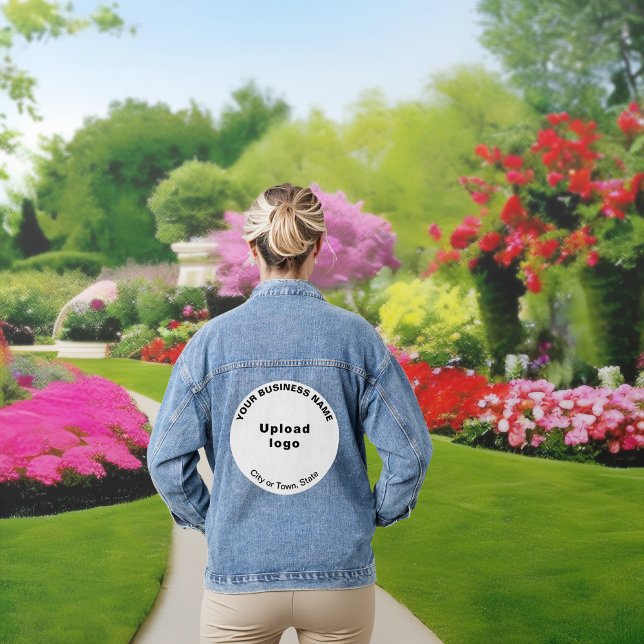 Business Brand on Women's Denim Jacket (White round business brand on women's denim jacket.)