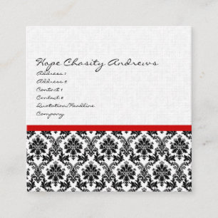 Business Card Black White Damask with Red Trim