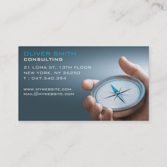 Business card blue background compass, consulting. (Front)