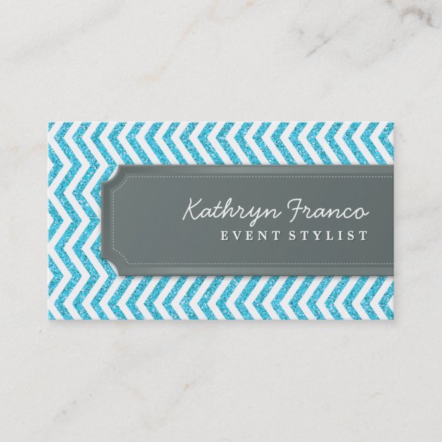 BUSINESS CARD chevron stripe aqua glitter effect (Front)