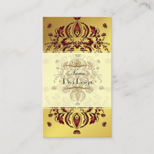 Business Card Crimson Floral Damask on gold (Front)