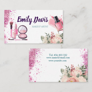 business card design makeup with pink glitter and