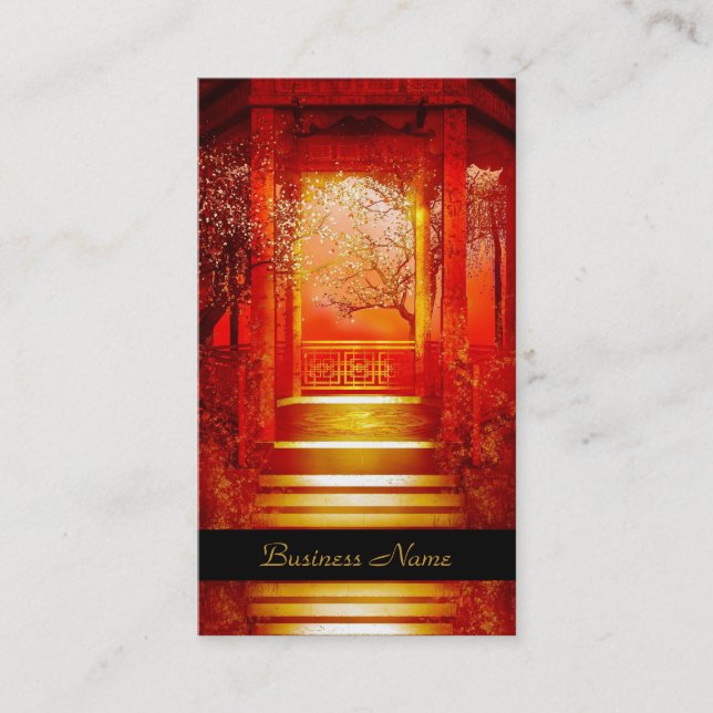 Business Card Elegant Asian Scene Gold Red (Front)
