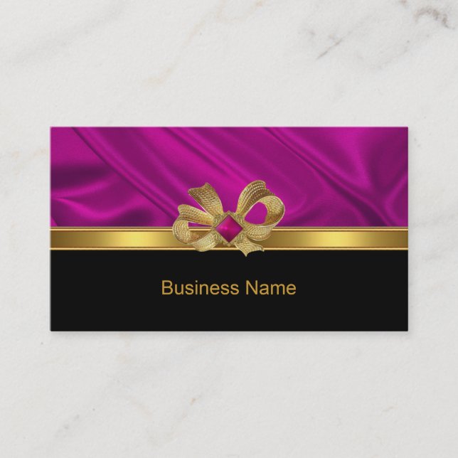 Business Card Elegant Gold Bow Pink Trim Black (Front)