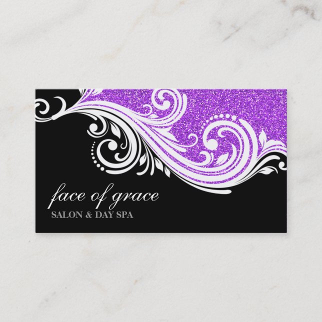 BUSINESS CARD elegant swirl purple  glitter black (Front)