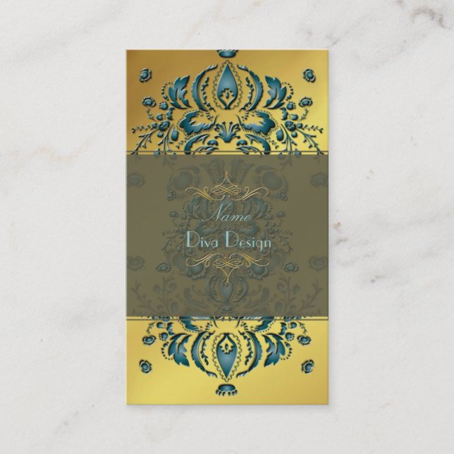 Business Card Floral Damask Teal gold (Front)