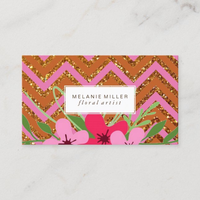 Business Card - Floral Glitter Chevron (Front)