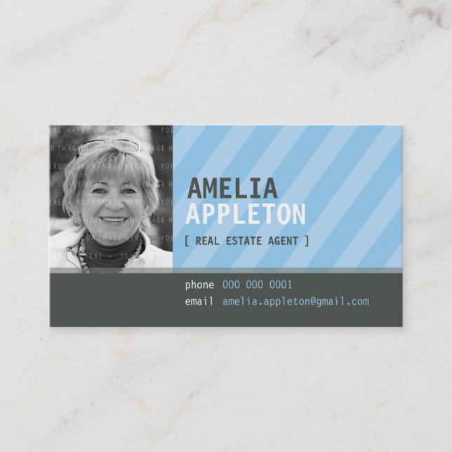 BUSINESS CARD :: jazzy photo blue stripe (Front)