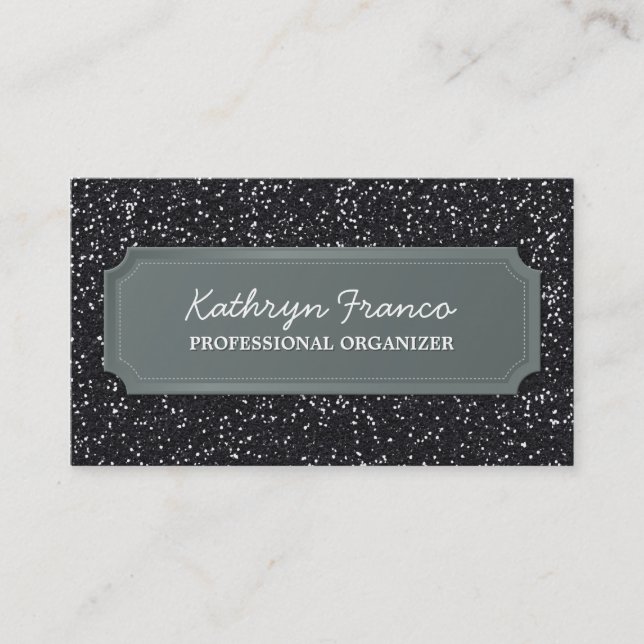 BUSINESS CARD modern bold sparkly black glitter (Front)